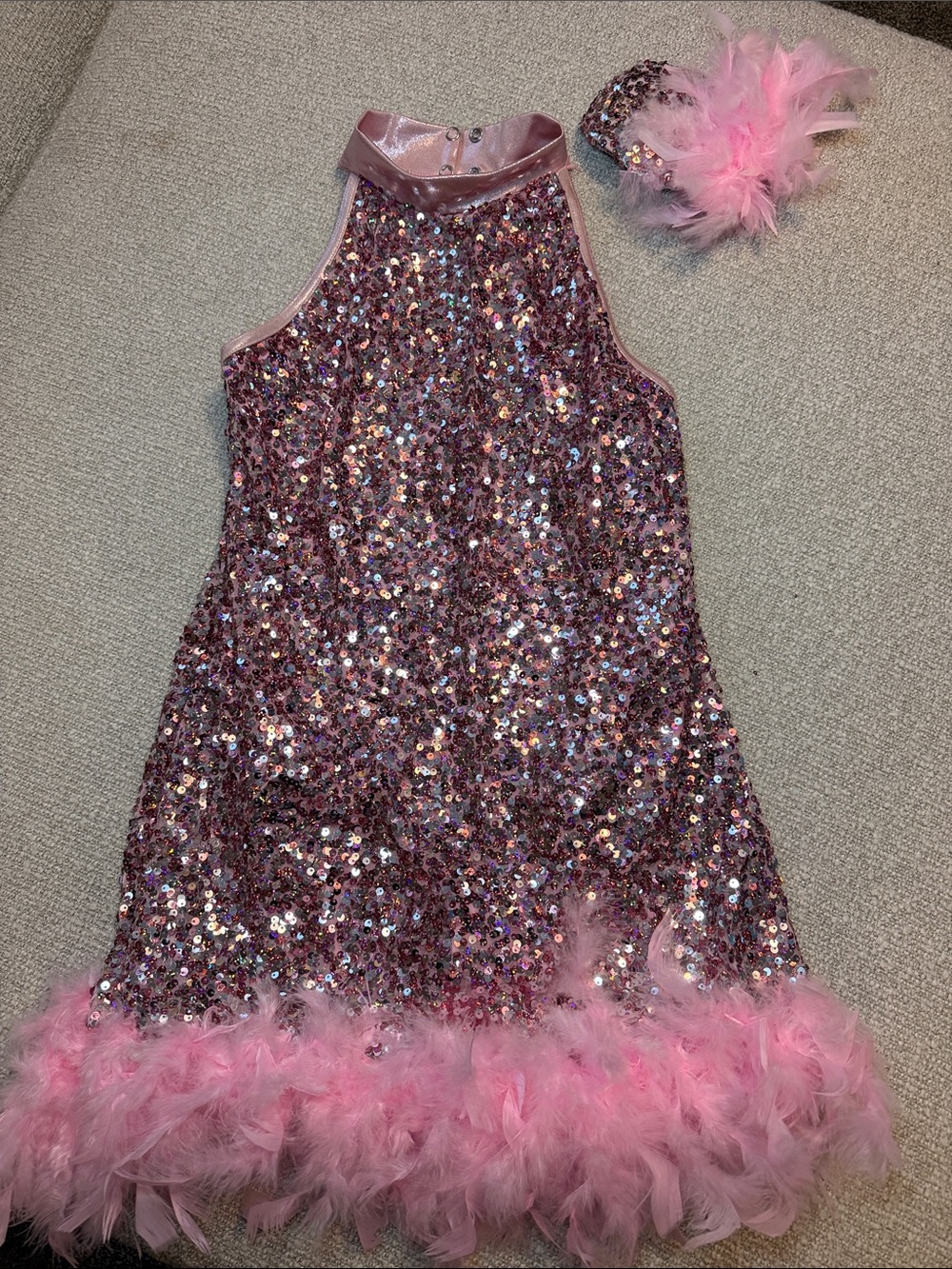 Weissman Pink Sequin Feather Dress with Feathered Headpiece